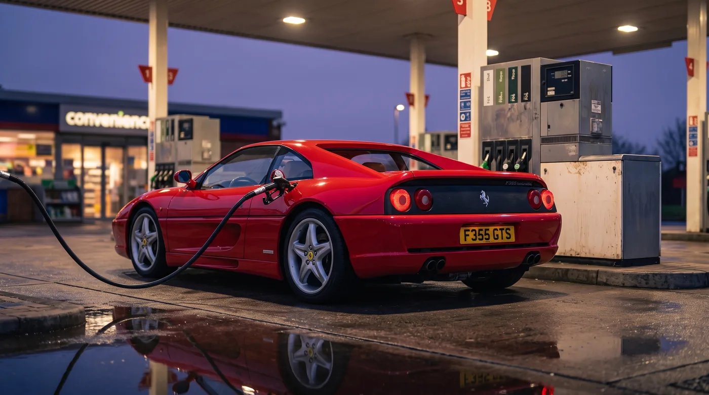 A red F355 being refuelled at a petrol station at dusk, nozzle in the sail-panel filler